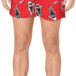 Herren Fisch Tiermuster Drawstrings Taille Badeshorts in Rot