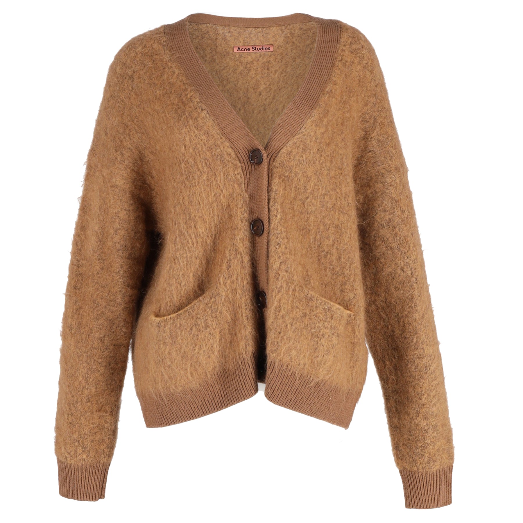 Acne Studios Rives Strickjacke mit V-Ausschnitt aus braunem Mohair und Wolle