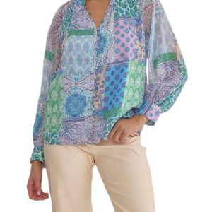 Patchwork Print Langarmbluse in blau multi