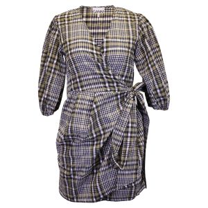 Ganni Wrap Minikleid aus karierter brauner Baumwolle 7748729438268