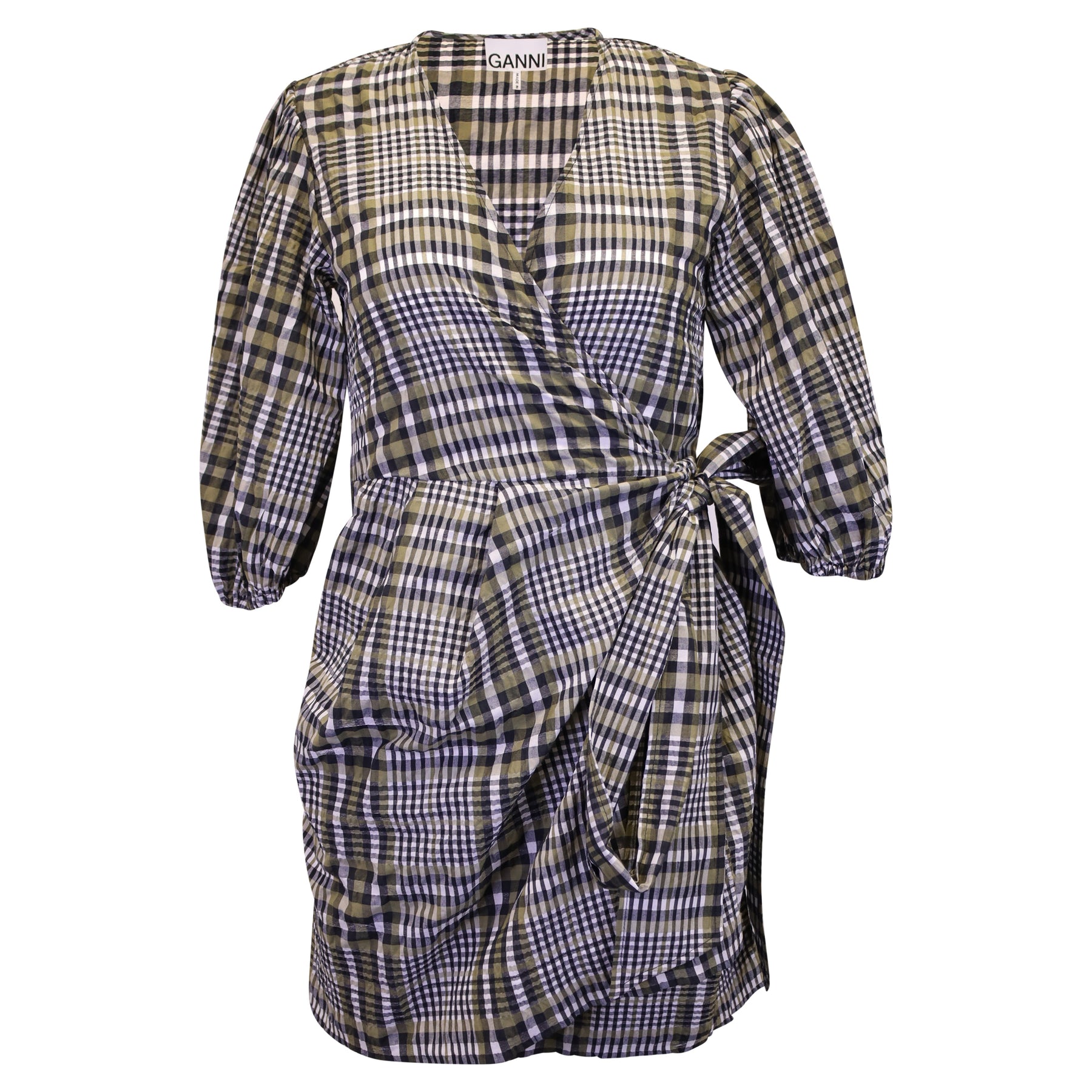 Ganni Wrap Minikleid aus karierter brauner Baumwolle