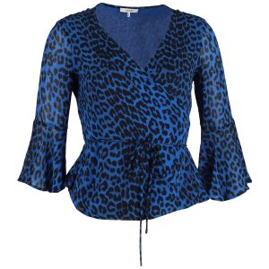 Ganni Wrap Blouse in Blauer Tierdruck Viskose – 7748750508092