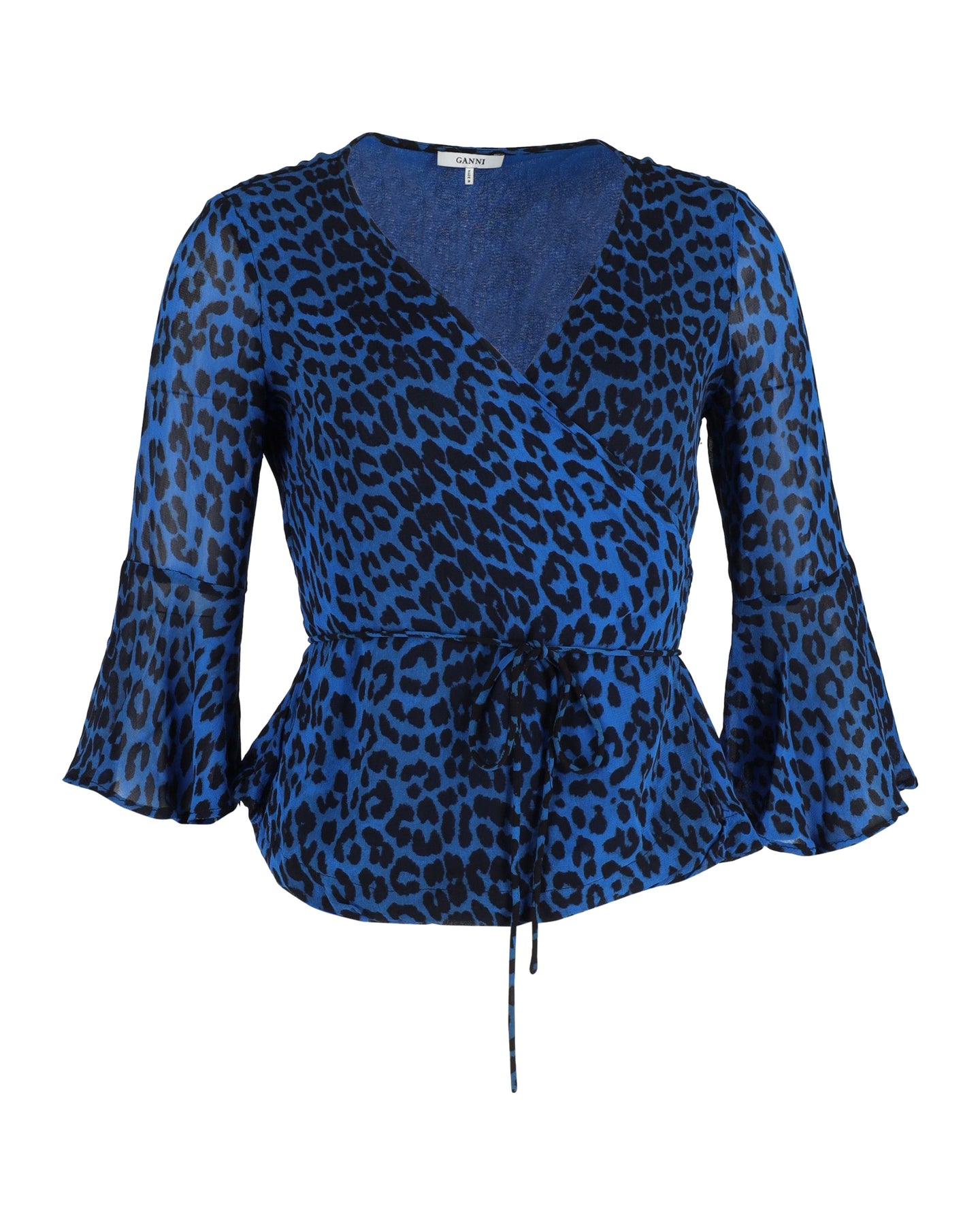 Ganni Wickelbluse in blauer Tierdruck-Viskose