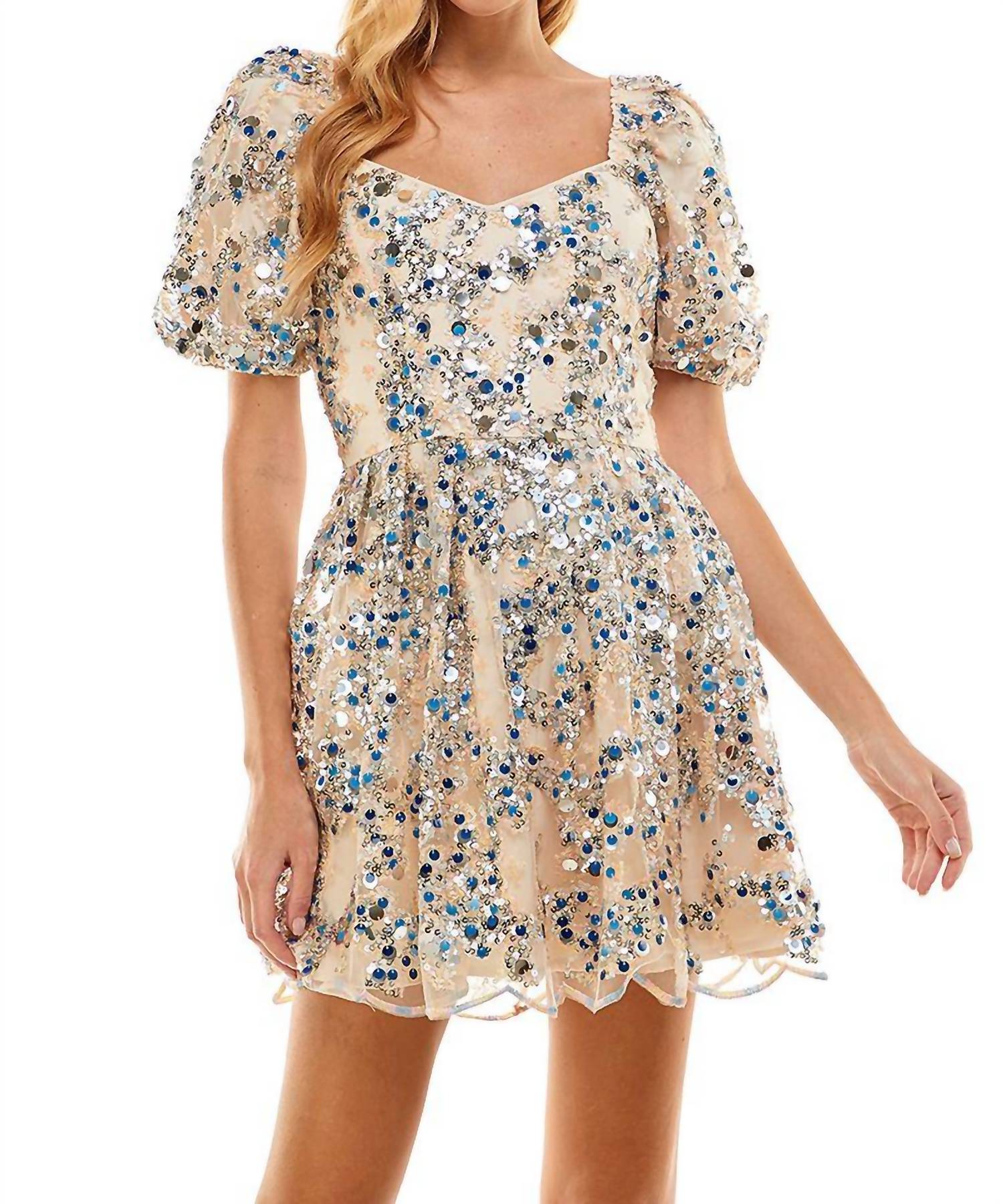 Pailletten Schatz Kleid in Silber, Blau und Nude Pailletten