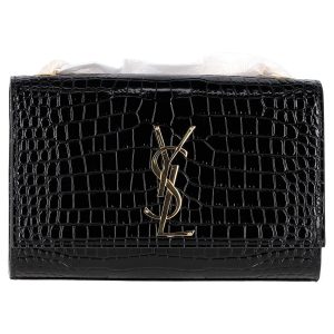 Saint Laurent Kate mittel Quaste Schultertasche aus schwarzem Leder mit Krokoprägung