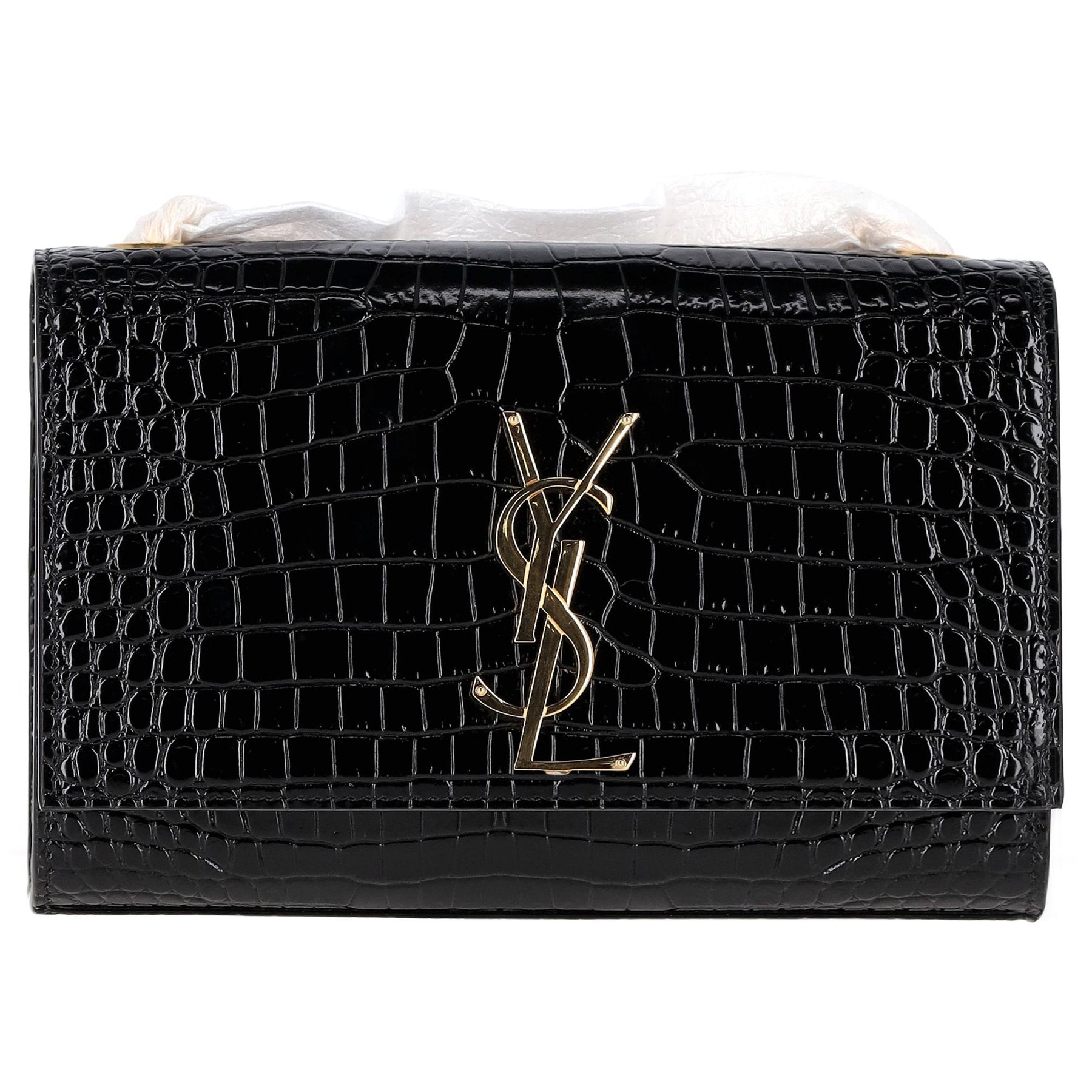 Saint Laurent Kate mittel Quaste Schultertasche aus schwarzem Leder mit Krokoprägung