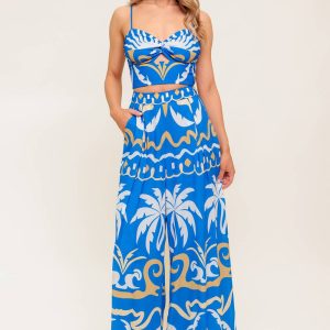 ABEND Blau gewebt CROP TOP UND Hose Set