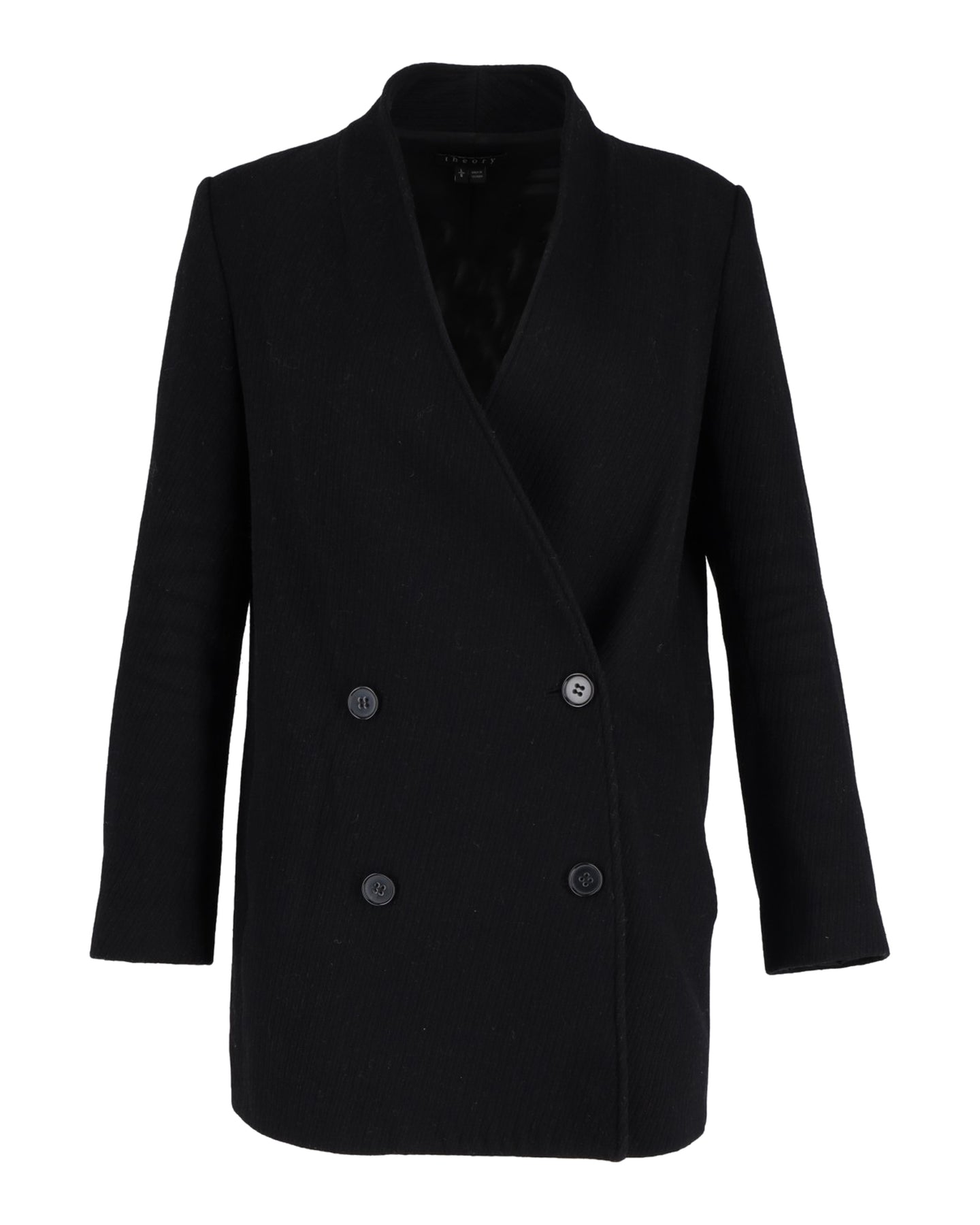 Theory Zweireihiger Kragenloser Blazer aus schwarzer Wolle