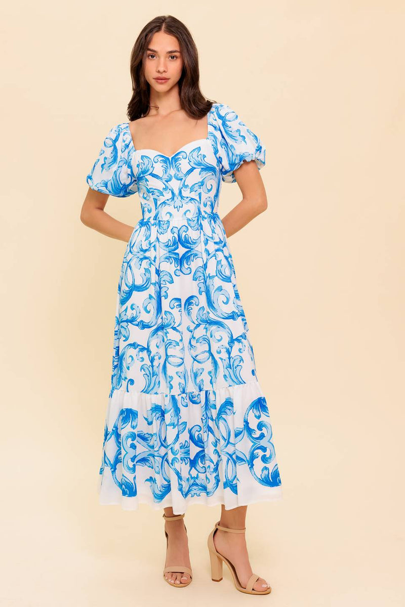 EIN WERK DER KUNST Blau gewebt MIDI Kleid