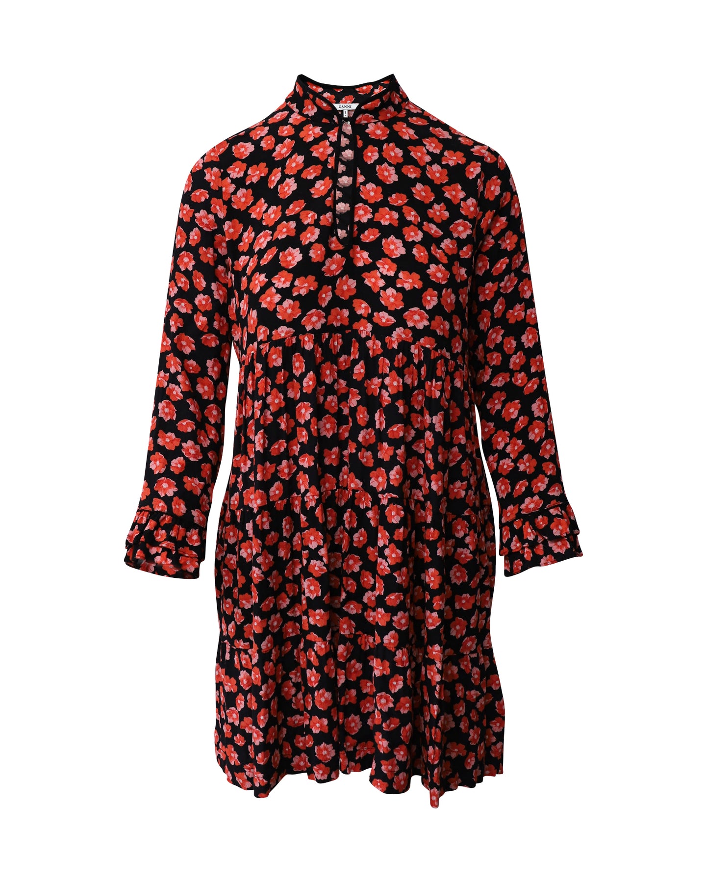 Ganni Lindale Minikleid mit Blumenmuster in schwarzer und roter Viskose