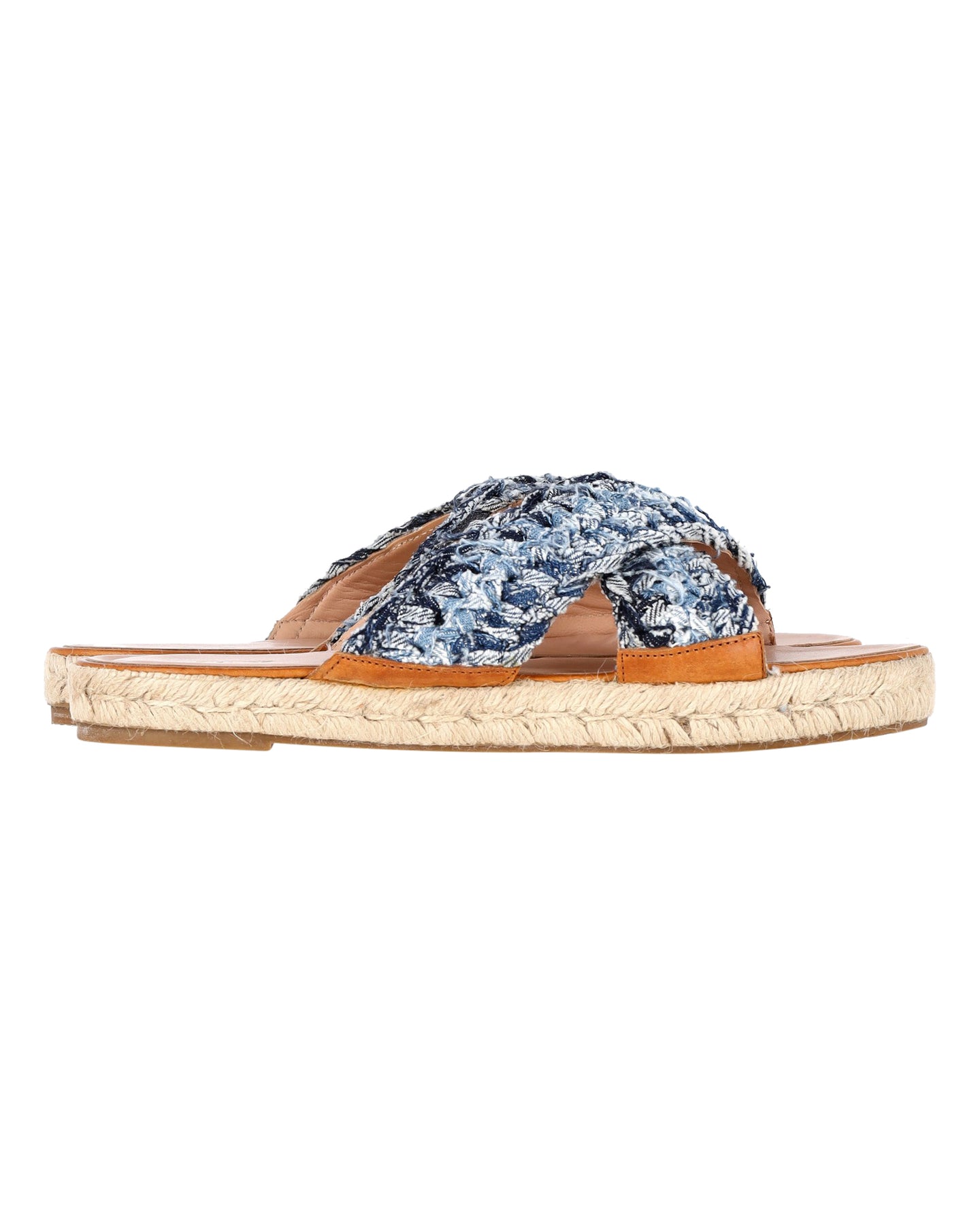 ROT (V) Valentino Lederbesetzte geflochtene Espadrille Slides aus blauem Denim