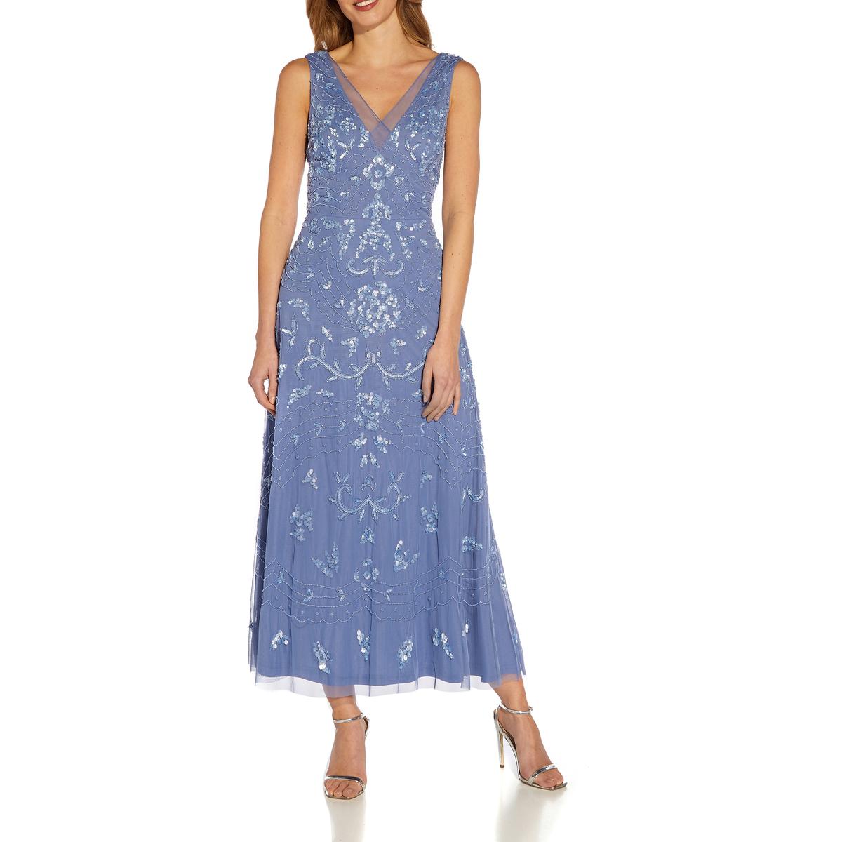 Pailletten Mesh Besatz V-Ausschnitt Tee Länge Abendkleid