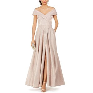 Petites Padded Bust Metallic Abendkleid