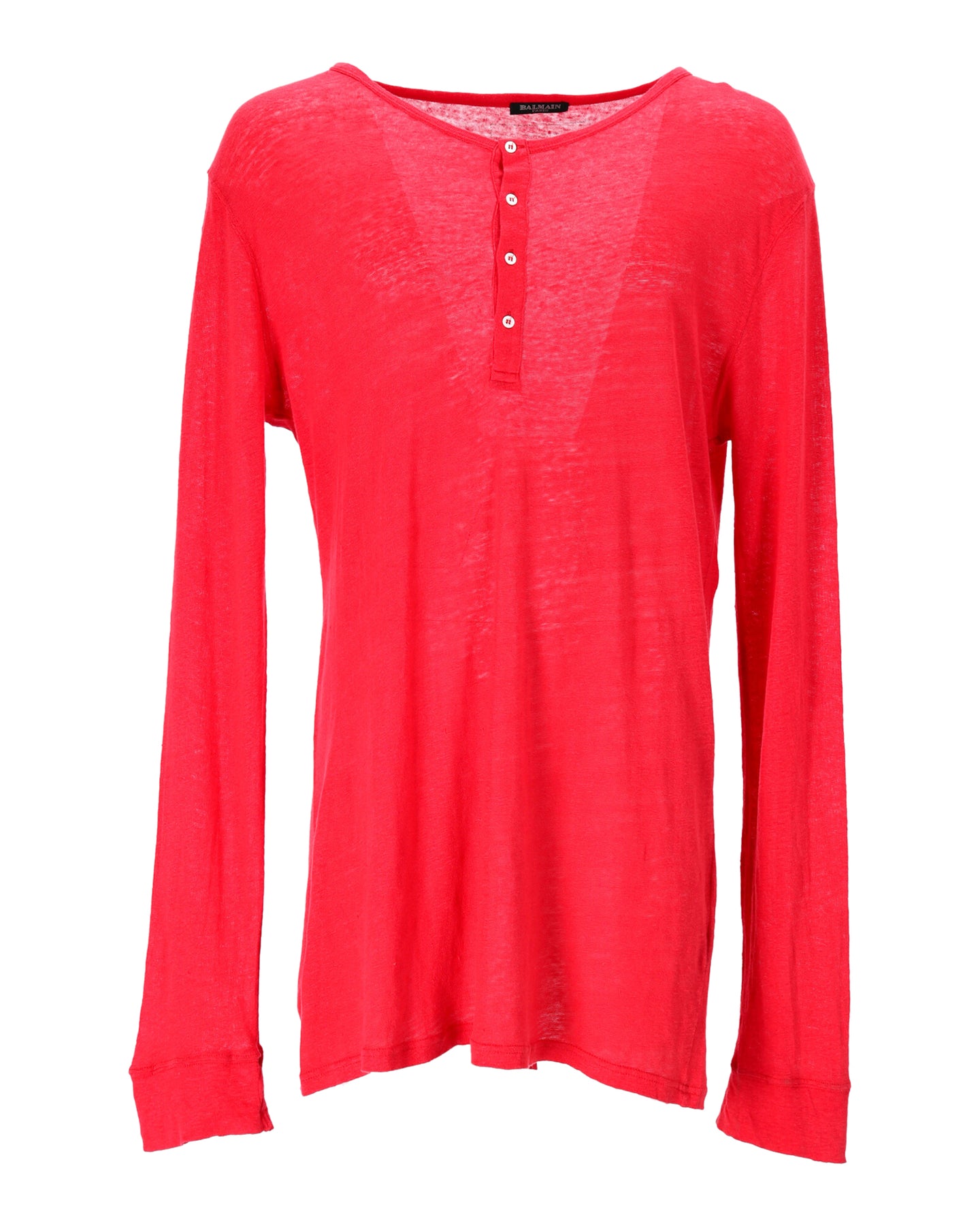 Balmain Langarm-T-Shirt aus rotem Leinen mit halbem Knopf