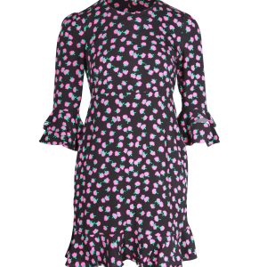 Diane Von Furstenberg Blumendruck 3/4 Ärmel Minikleid in schwarzer Viskose 7748738908220