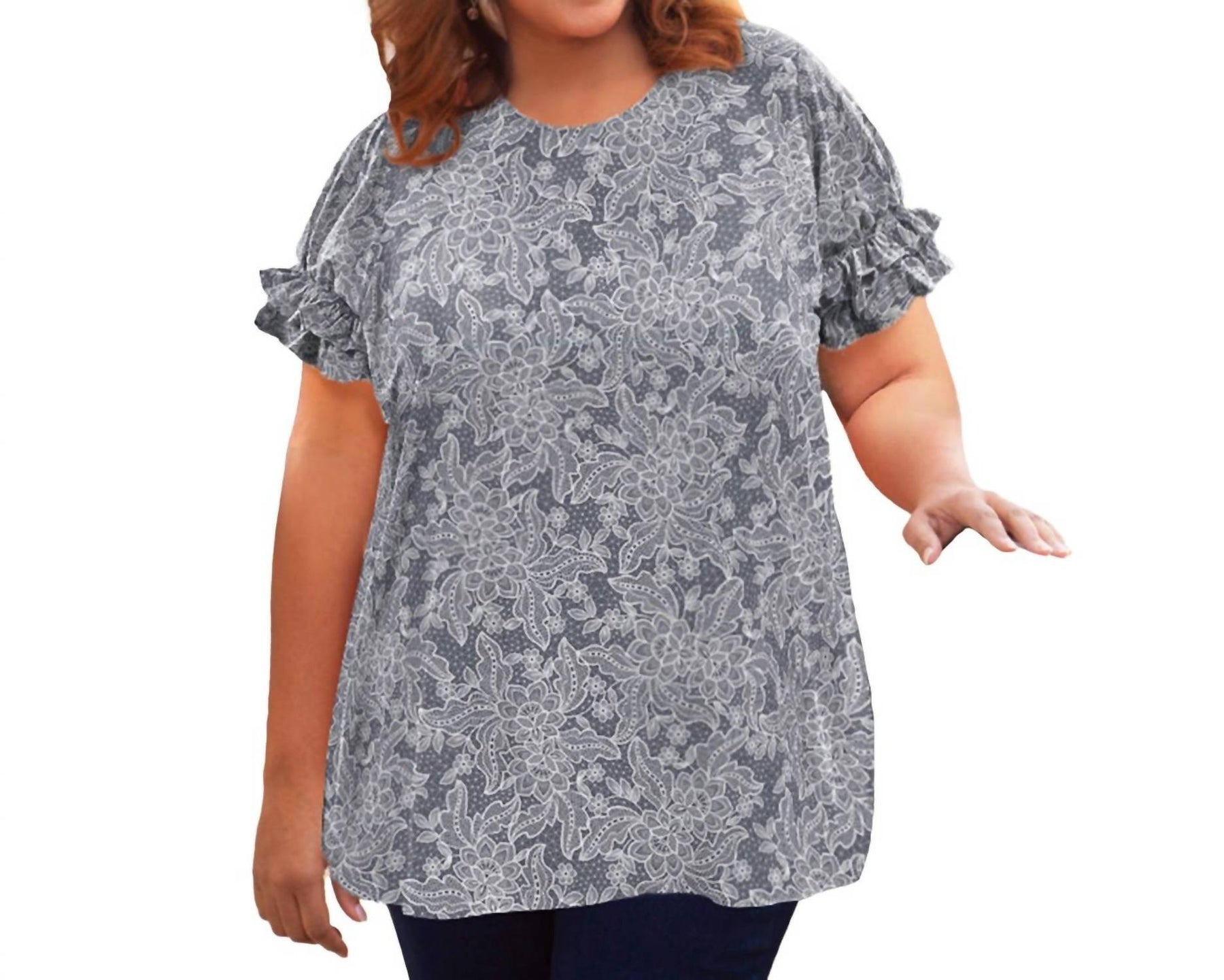 Kurzarm Rüschen Bluse – plus Größe in grau mit Blumenmuster