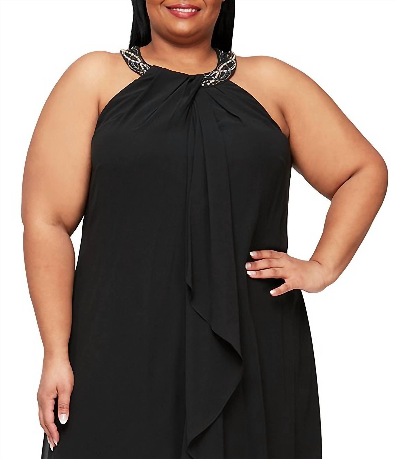 Halfter Braid Bead Neck Chiffon Kleid in schwarz