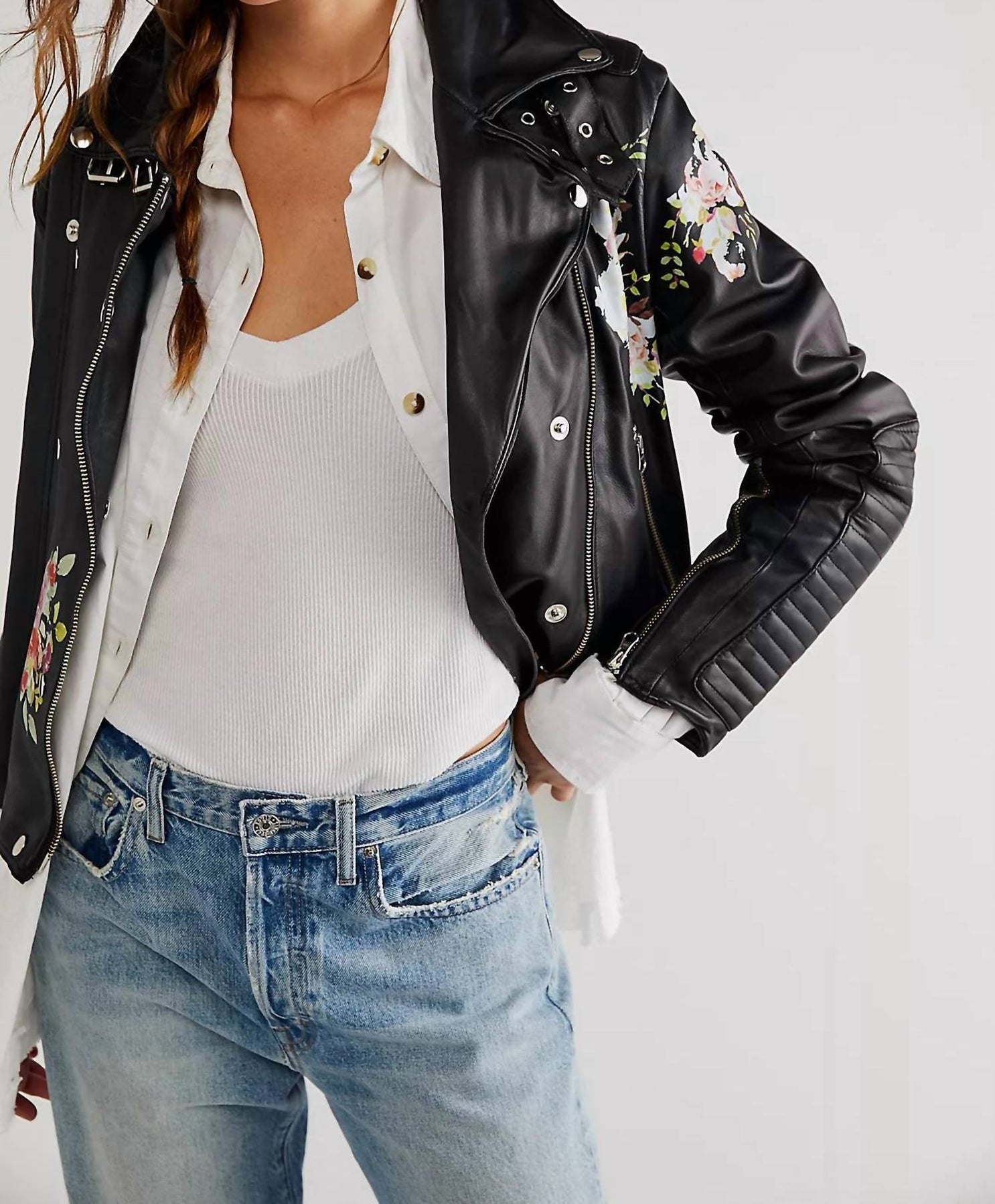 Harley mit Blumenmuster Lederjacke in schwarz