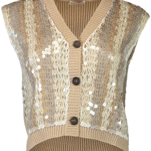 Brunello Cucinelli Damen Pailletten Streifen Weste in Braun