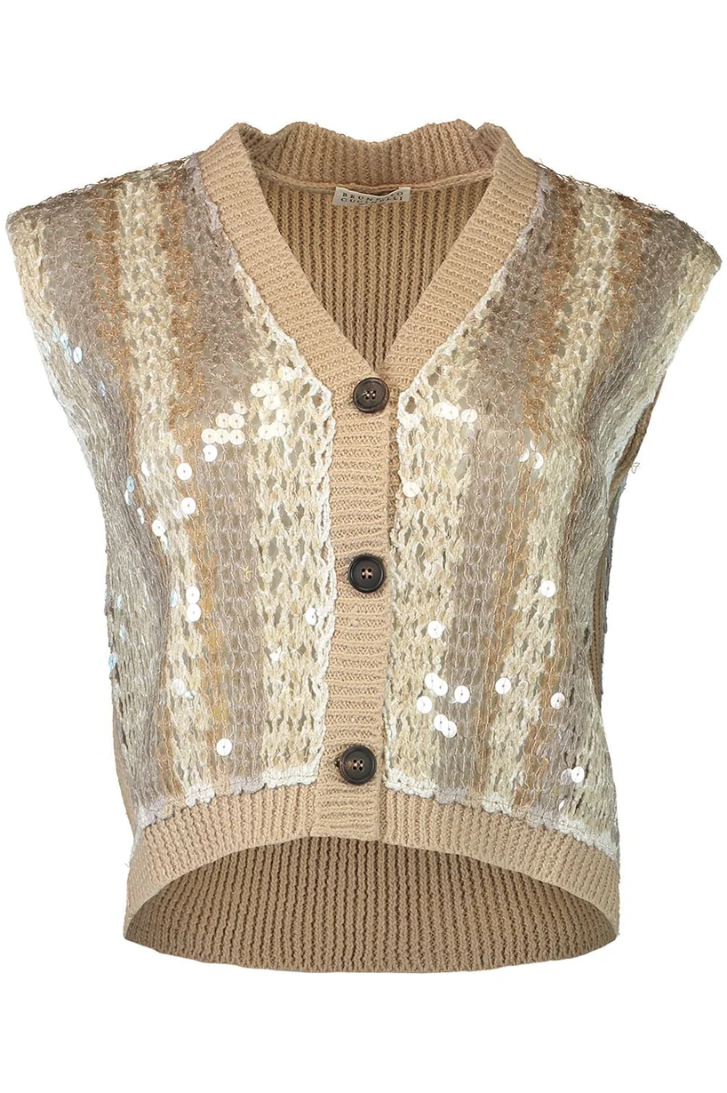 Brunello Cucinelli Damen Pailletten Streifen Weste in Braun