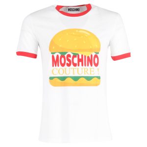 Moschino Couture Burger Print Rundhals-T-Shirt aus weißer Baumwolle 7748756471868