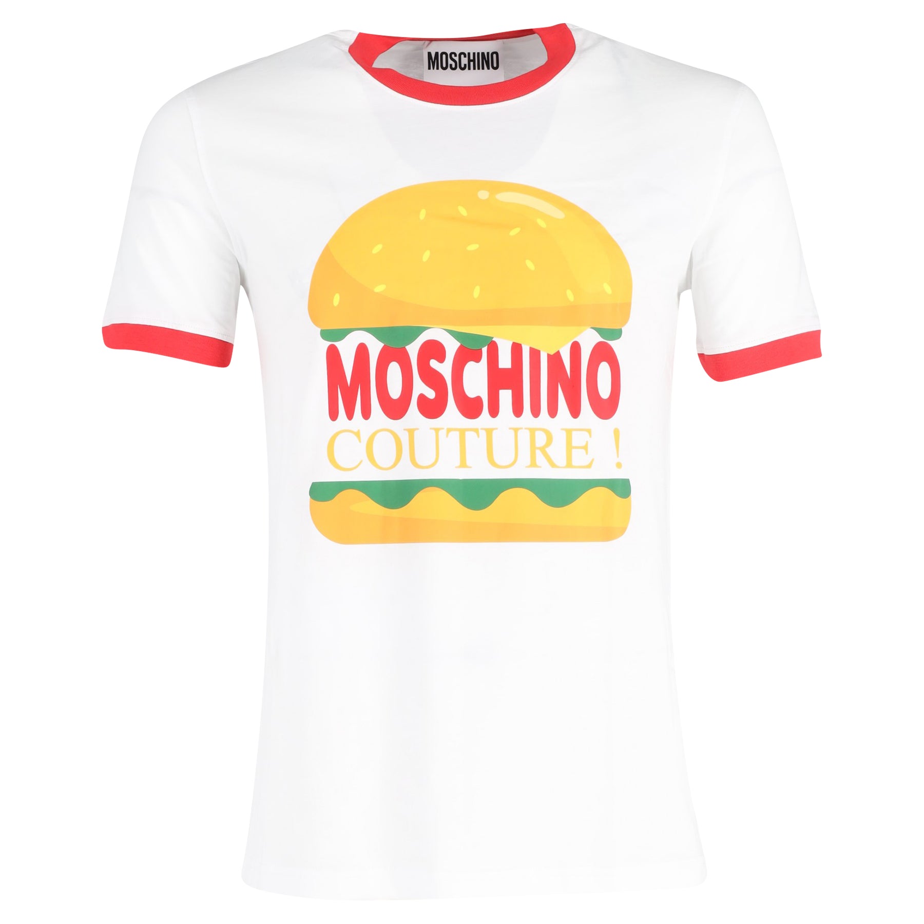 Moschino Couture Burger Muster T-Shirt mit Rundhalsausschnitt aus weißer Baumwolle