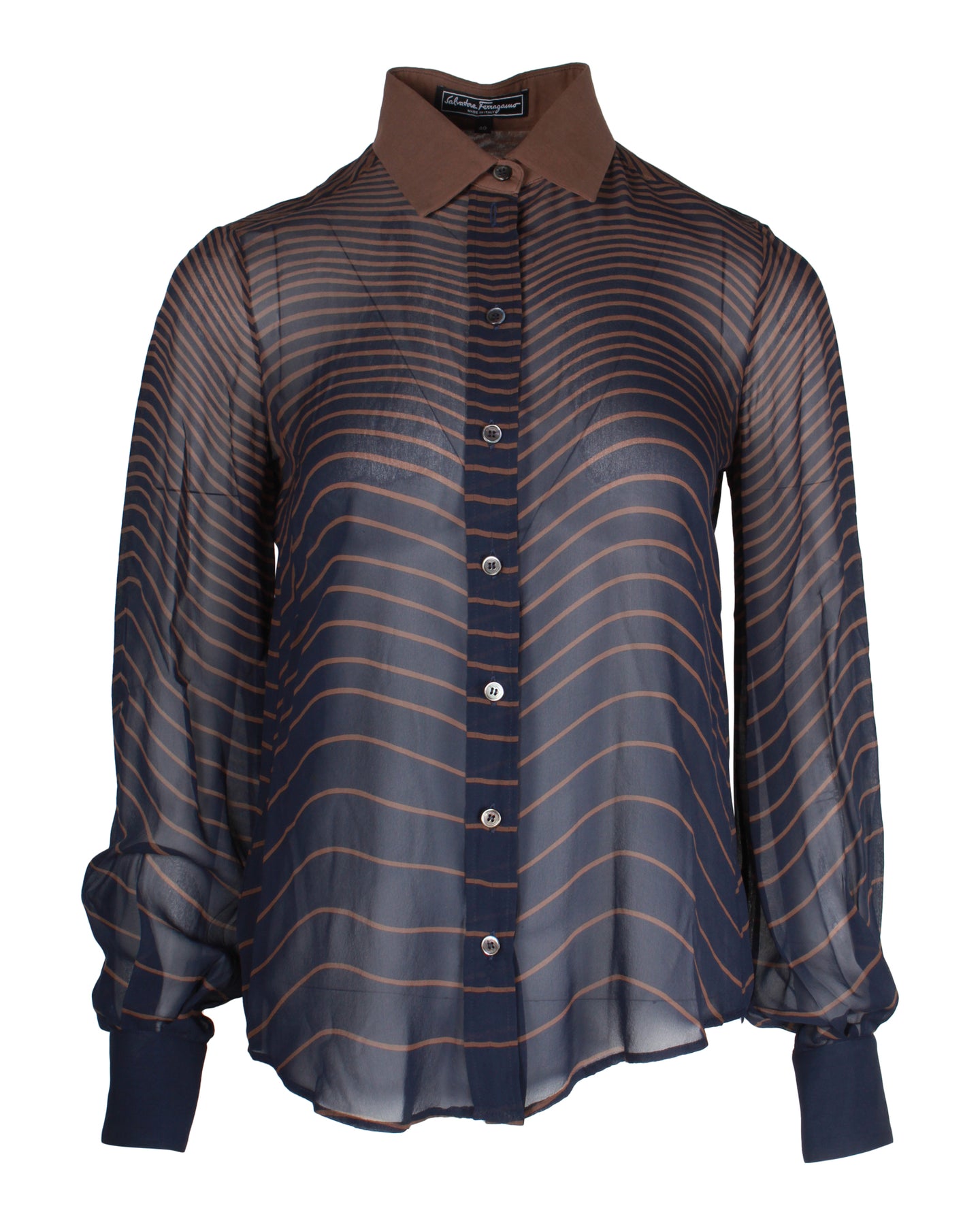 Salvatore Ferragamo Gestreifte Bluse mit Knöpfen in Braun und blauer Seide