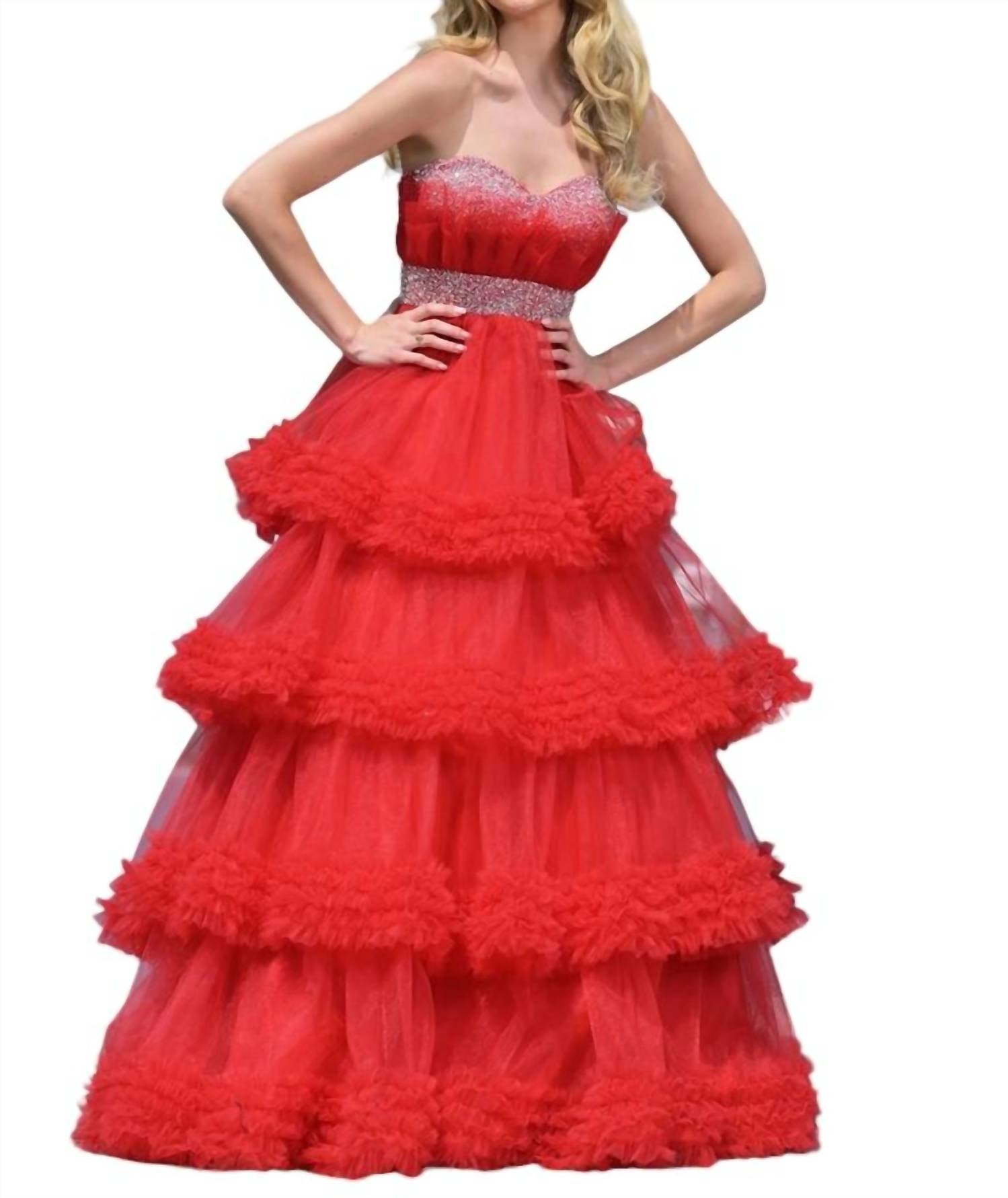 mit Perlenbesatz Rüschen Tüllkleid in rot