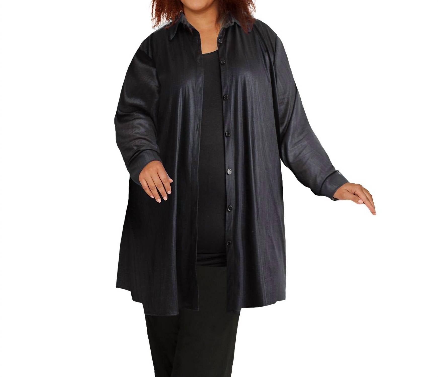 Langarm-Knopf oben Rodie Oversize Tunika – Übergröße In Metallic Schwarz