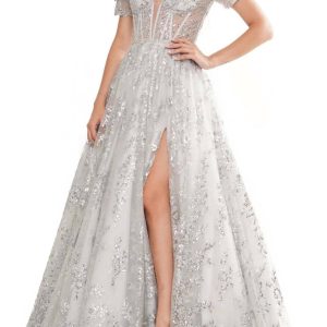 Plunging Neckline A-Line Gown in Silber