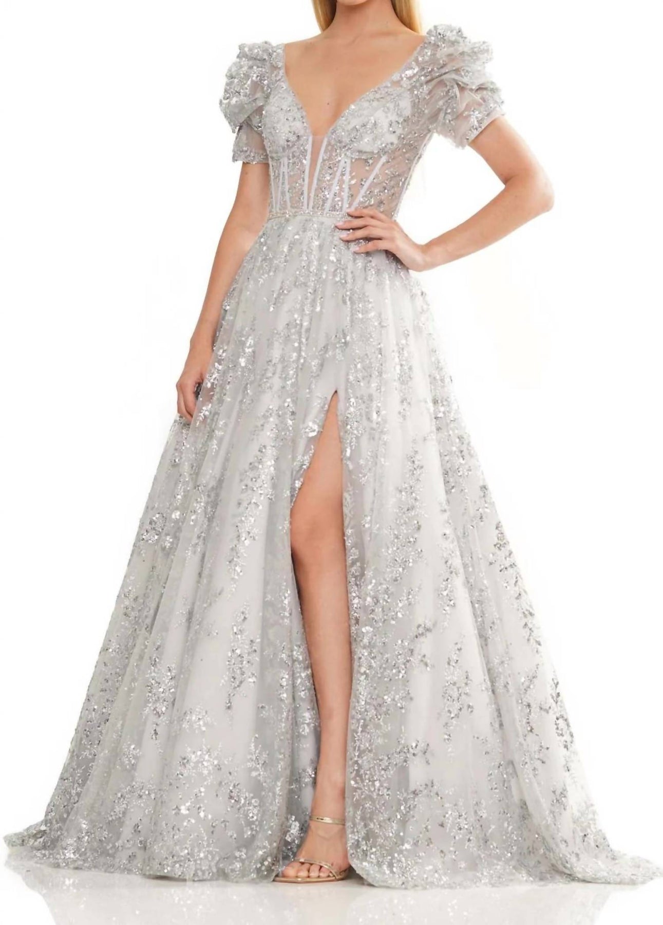 Plunging Halsausschnitt A-Linie Kleid in Silber