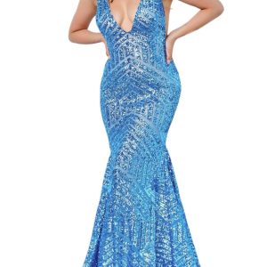 Sequin Embellished V-Ausschnitt Kleid in lt.blau