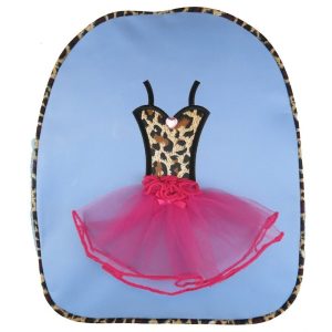 Mädchen-Ballett-Tutu-Kleid-Detail in Blau und Rosa mit Leopardenmuster, stilvoller Rucksack