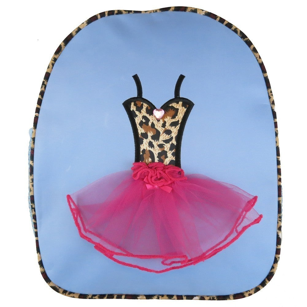 Mädchen-Ballett-Tutu-Kleid-Detail in Blau und Rosa mit Leopardenmuster, stilvoller Rucksack