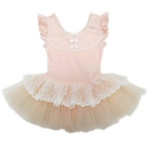 Mädchen-Ballettkleid mit pfirsichfarbener Spitze, Schleife und flatternden Ärmeln, S (9–24 Monate)–XL (6–8)