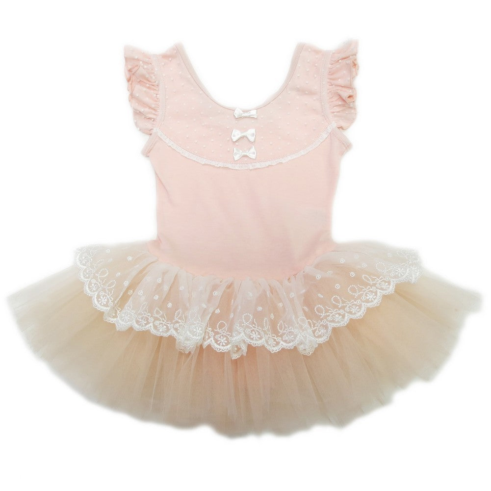 Mädchen-Ballettkleid mit pfirsichfarbener Spitze, Schleife und flatternden Ärmeln, S (9–24 Monate)–XL (6–8)