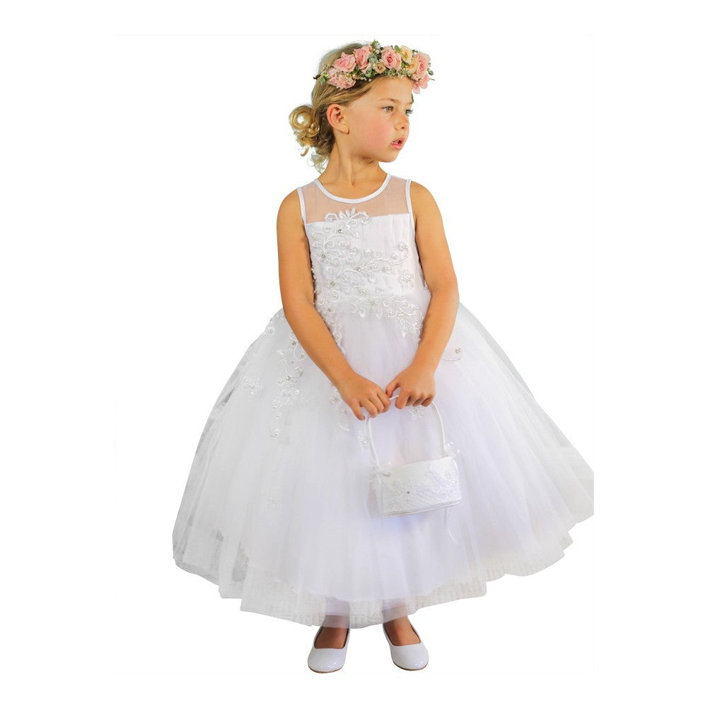 Elfenbeinfarbenes, mit Illusionsausschnitt und floraler Spitze verziertes Blumenmädchenkleid für kleine Mädchen, Größe 2–6