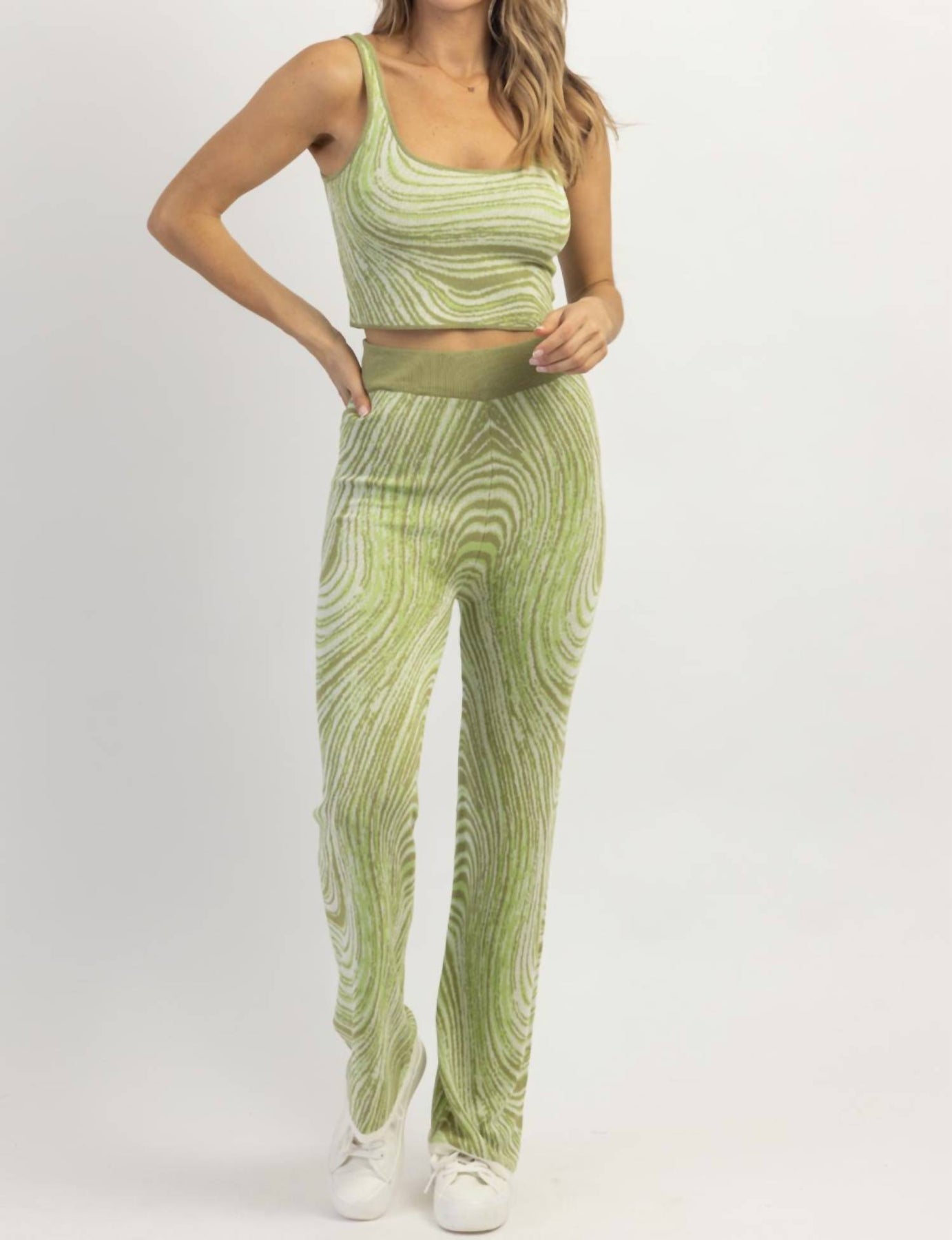 Abstrakter Druck Strickhosen-Set in Grün