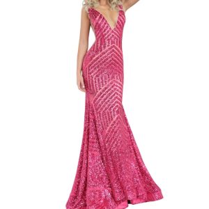 Sequin Embellished V-Ausschnitt Kleid in Fushia