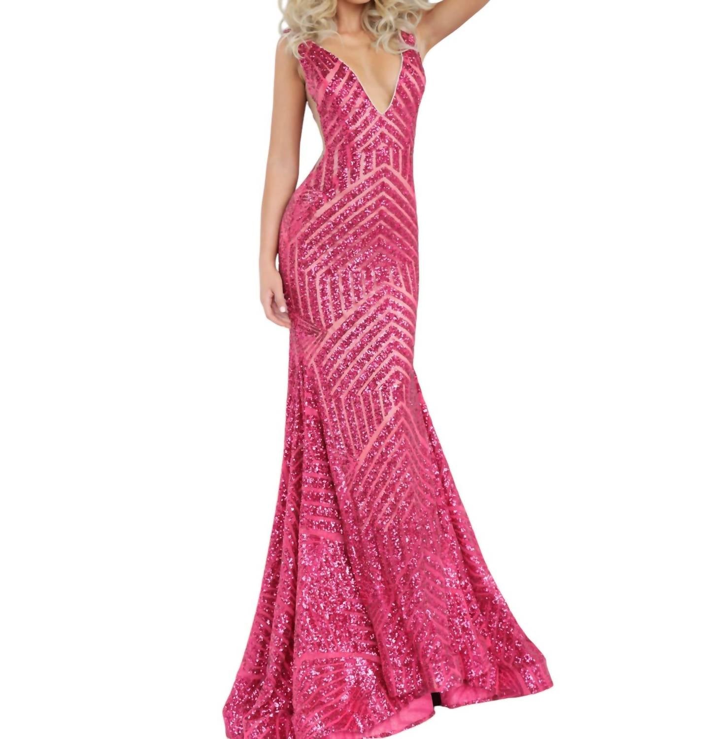 Pailletten Verziertes V-Ausschnitt Kleid In Fushia
