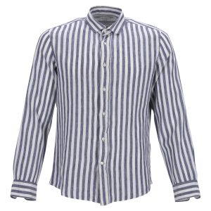 Brunello Cucinelli Leisure Fit gestreiftes Hemd in hellblauem Leinen 7748777705532
