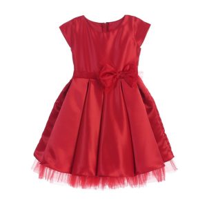 Rotes Satin-Weihnachtskleid mit plissiertem Schleifenakzent für große Mädchen, 7–12