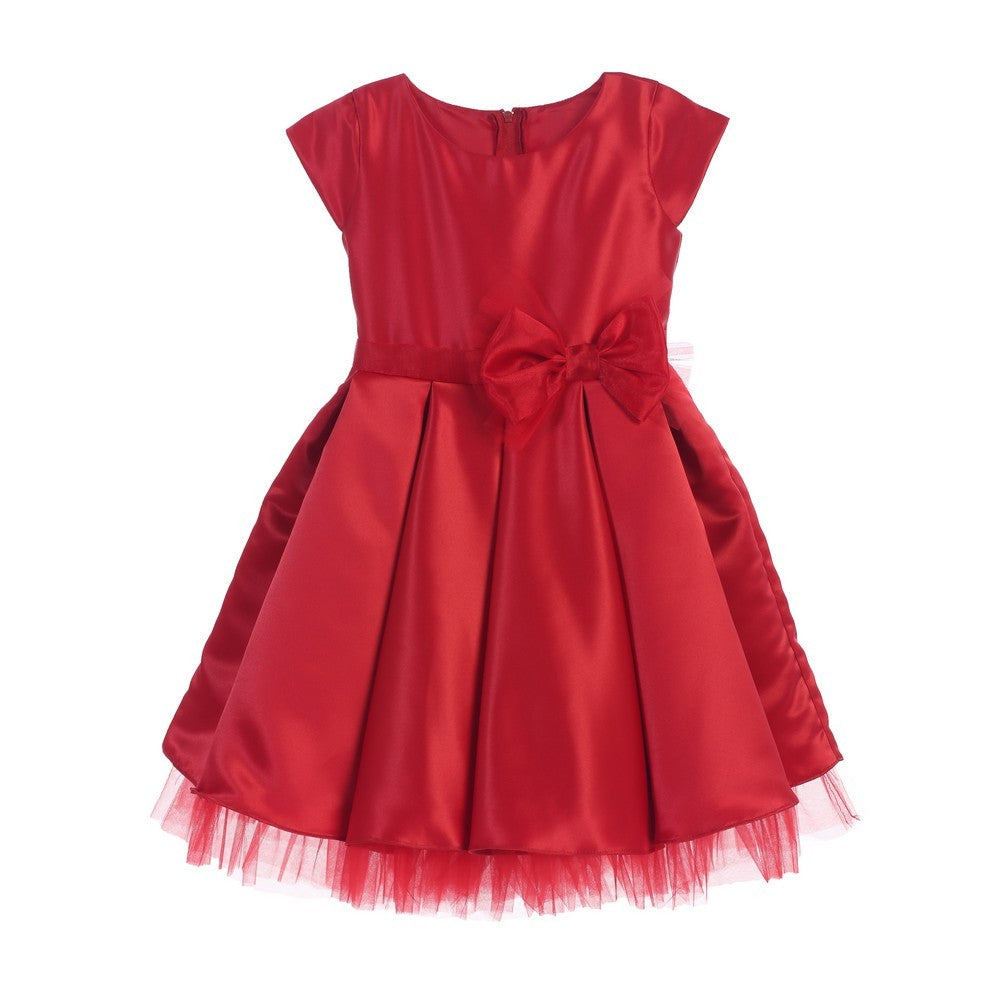Rotes Satin-Weihnachtskleid mit plissiertem Schleifenakzent für große Mädchen, 7–12