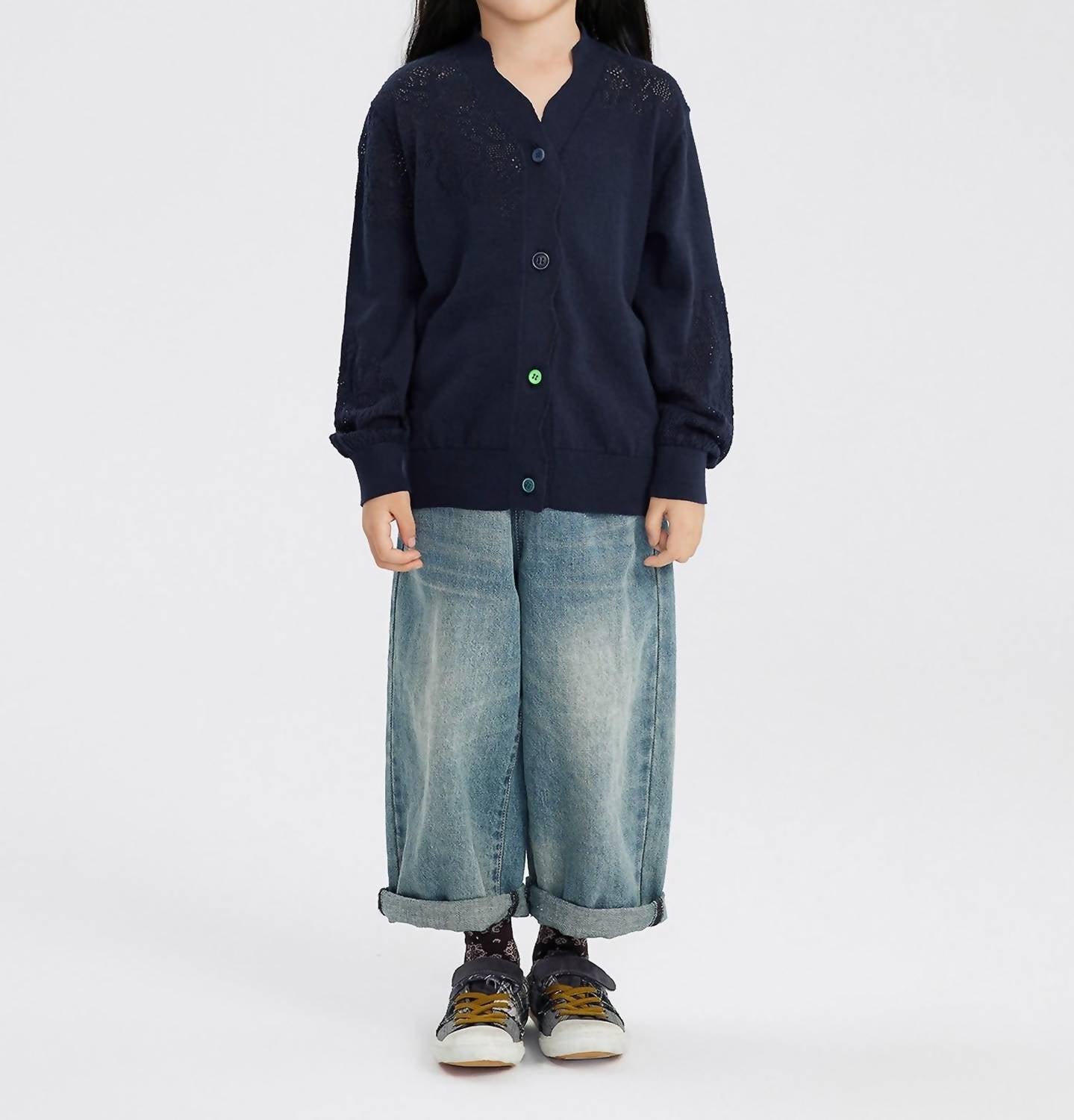 Kinder Spitze einfügen Strickjacke in Dunkelblau