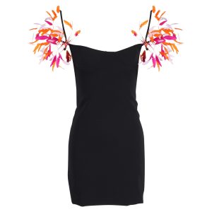 Attico – Minikleid aus schwarzem Polyester mit Federdetails