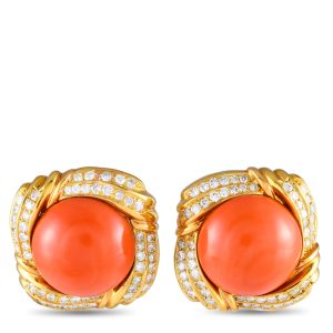 LB Exclusive 18K Gelbgold 2.50ct Diamant und Korallen Clip-on Ohrringe -080824 – MF11 / 7748793368636