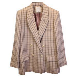 Sandro Paris Zweireihiger, karierter Blazer aus beiger Wolle