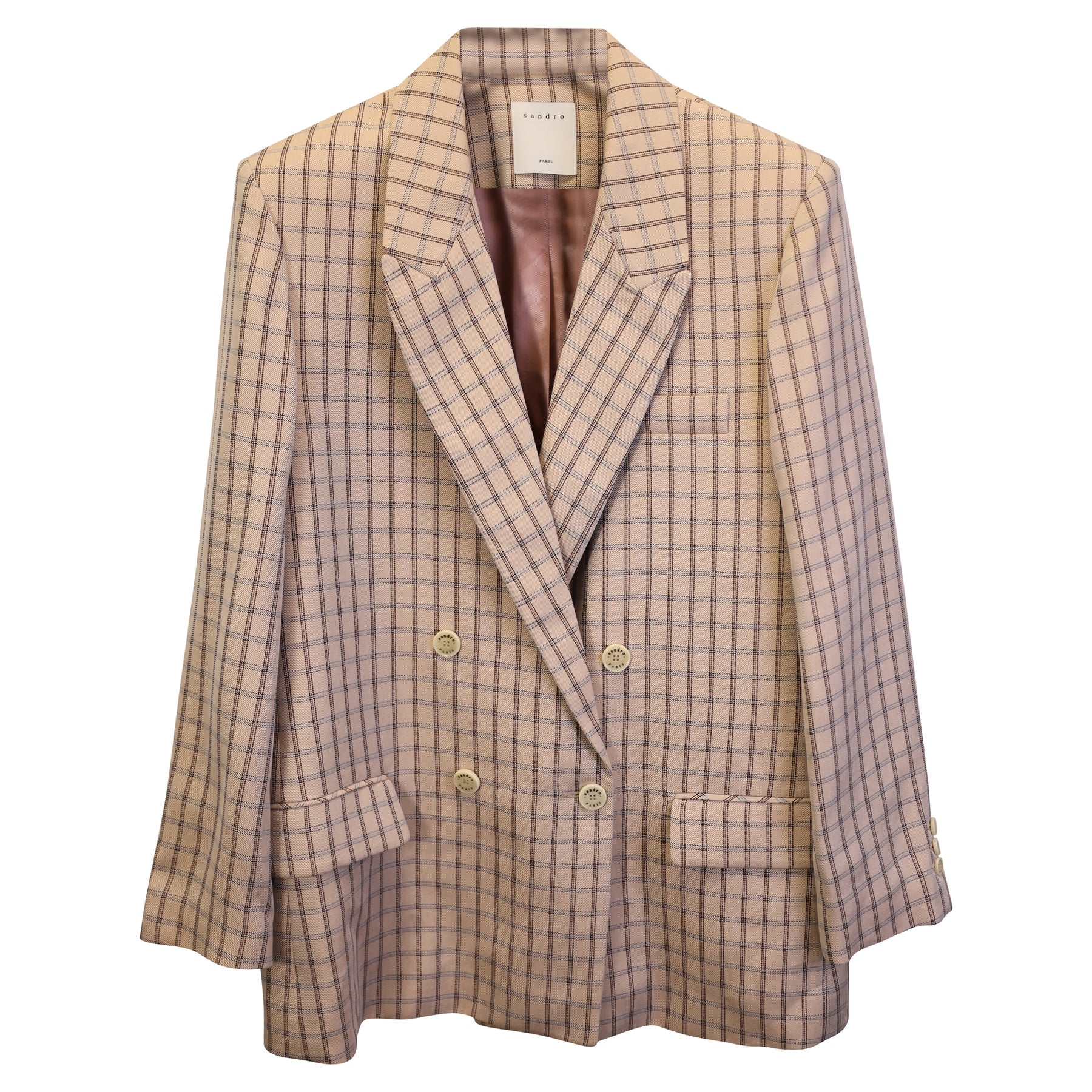 Sandro Paris Zweireihiger, karierter Blazer aus beiger Wolle