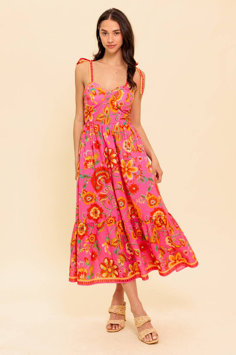 GARTEN GATHERING Rosa gewebt MIDI Kleid
