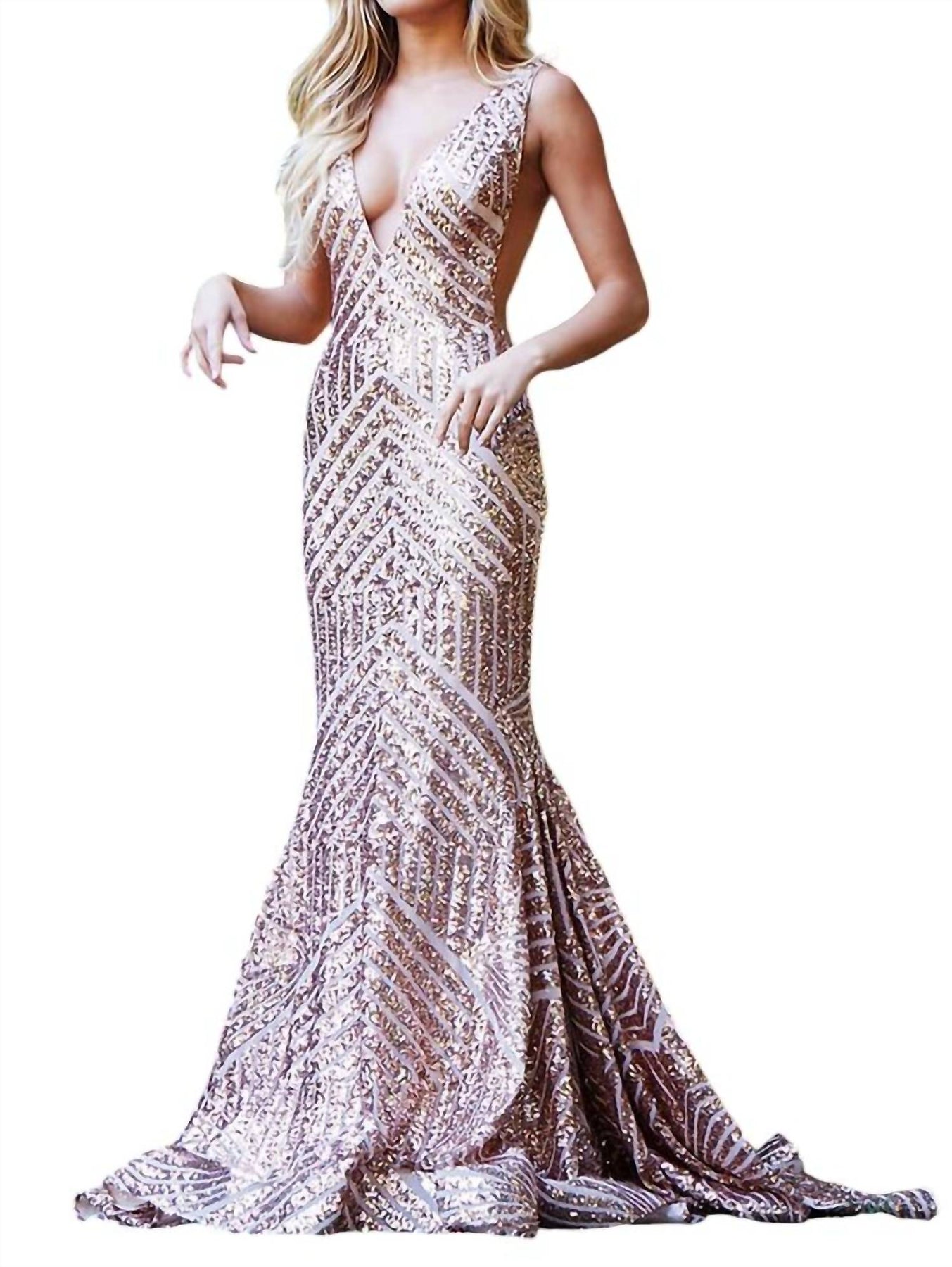 Pailletten Verziertes V-Ausschnitt Kleid in Rosegold